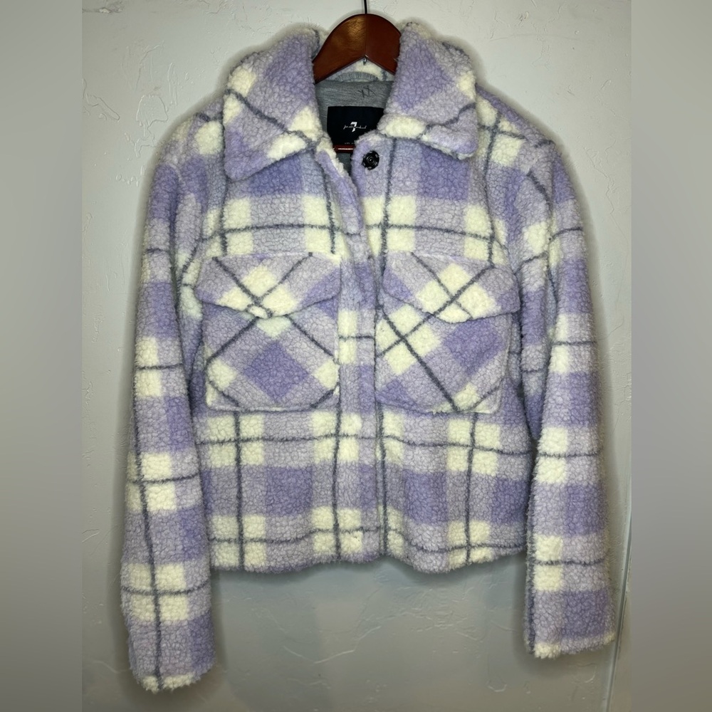 7 For All‎ Mankind Plaid Purple and Cream Teddy Trucker Jacket Small - Picture 3 of 9